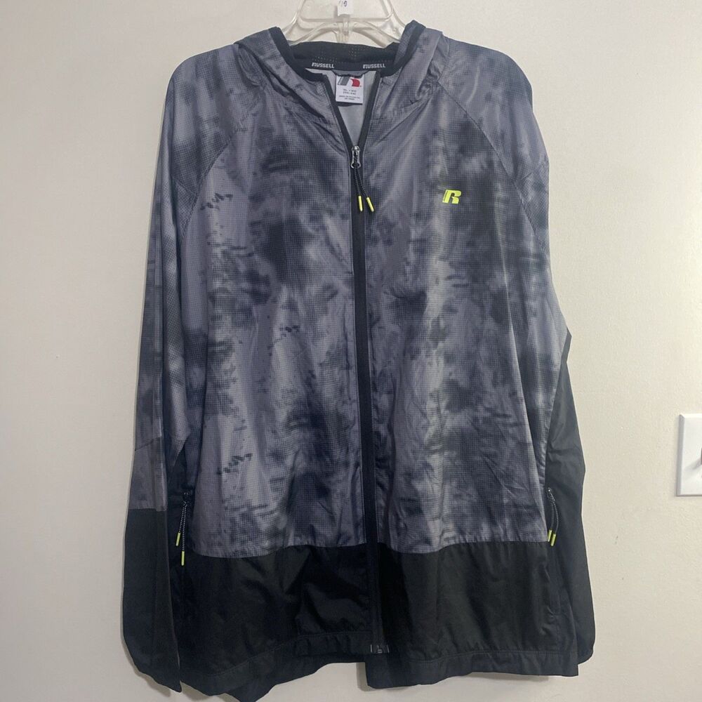 Russell Athletic Gray Pattern Zippered Wind Hooded  Jacket XL